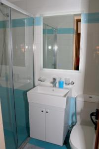 a bathroom with a sink and a shower and a toilet at Villa Ideal in Ksamil