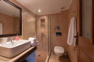 a bathroom with a sink and a shower and a toilet at Porto Sisi Hotel Apartments in Sisi