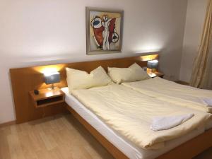 una camera da letto con un grande letto bianco con due lampade di SASS APARTHOTEL a Schönenwerd