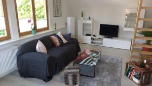 sala de estar con sofá y TV en Haus Rebblick, en Offenburg