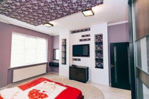 um quarto com uma cama, uma televisão e uma janela em Apartments in Uzhgorod em Uzhhorod