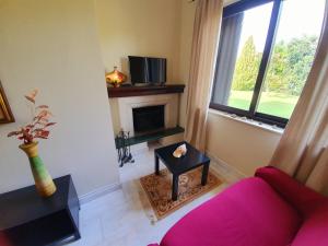 salon z różową kanapą i kominkiem w obiekcie Villa Antonella w mieście Carlentini
