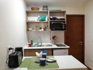 eine kleine Küche mit einer Spüle und einer Arbeitsplatte in der Unterkunft Casa Río Vivo in Valdivia