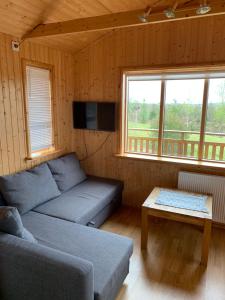 a living room with a couch and a table at Cosy cottage-Golden circle in Kerhraun