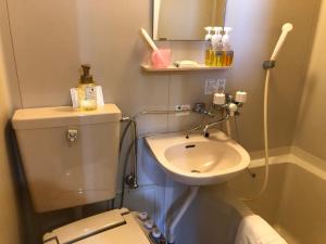 Hotel New White House في Rumoi: حمام صغير مع مرحاض ومغسلة
