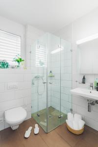 W łazience znajduje się prysznic, toaleta i umywalka. w obiekcie Swiss Star Oerlikon Lodge - Self Check-In w Zurychu