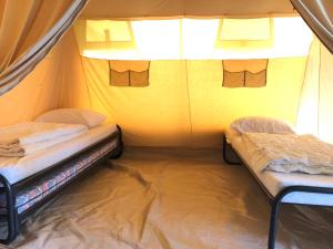 een kamer met 2 bedden in een tent bij Ingerichte De Waard tent - 5 personen in Beilen
