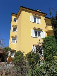 un bâtiment jaune avec des fenêtres et des arbres blancs dans l'établissement AURELIO, à Rijeka