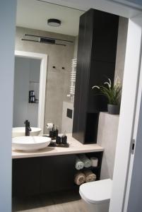 a bathroom with a sink and a toilet and a mirror at Apartamenty Świnoujście - Wyspiańskiego 34e in Świnoujście