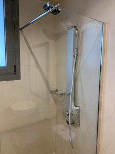 a shower with a glass door in a bathroom at Iliovasilema in Platy