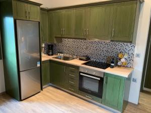 a kitchen with green cabinets and a stainless steel refrigerator at Iliovasilema in Platy