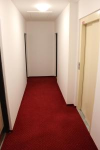 an empty corridor with a red carpet and doors at Penzion Radost in Poděbrady