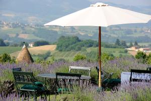 a table and chairs with an umbrella in a field at Château de Bagnols in Bagnols