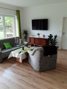 sala de estar con sofá y TV en Ferienwohnung Uhlenbusch Paradise, en Friesoythe