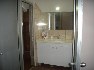 a bathroom with a white sink and a mirror at Home Away From Home in Skopje