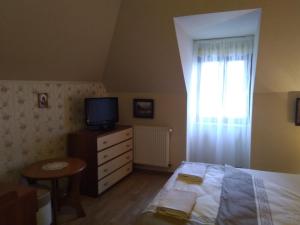um quarto com uma cama e uma televisão numa cómoda em Lesna 26 em Kudowa-Zdrój