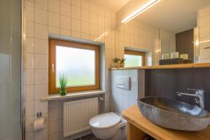 a bathroom with a stone sink and a toilet at Haus Hochwies in Bolsterlang