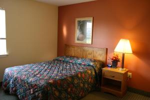 a hotel room with a bed and a lamp at Affordable Suites Rocky Mount in Rocky Mount