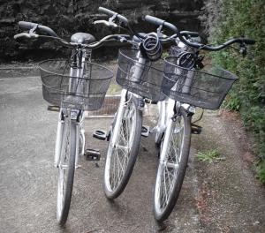 zwei Fahrräder, die nebeneinander stehen und Körbe drauf haben. in der Unterkunft B&B Al Parco in Verona