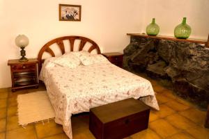 een slaapkamer met een bed en een stenen open haard bij Los Frailes eco finca in Tinajo