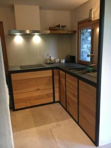 une cuisine avec des armoires en bois et un évier dans l'établissement Rustico Berlinda, à Bironico