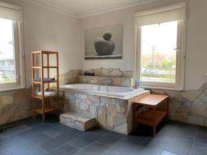 a bathroom with a large tub in a room with windows at Deluxe Business City Apartments Metzingen Villa Landenberger in Metzingen