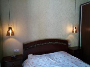 um quarto com uma cama com duas luzes por cima em Miro Apartament em Sinaia