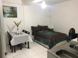 Caribbean Dream Vacation Property CD4 في جزيرة جورس: غرفة نوم بسرير وطاولة ومغسلة