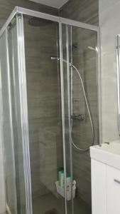 een douche met een glazen deur in een badkamer bij Primera linea poniente in Benidorm