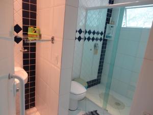 La salle de bains est pourvue de toilettes et d'une douche en verre. dans l'établissement Hotel Pousada Perdizes, à São Paulo