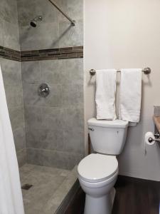 a bathroom with a toilet and a shower with towels at Classic Inn and Suites in El Centro