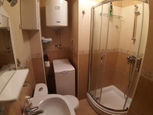 a bathroom with a shower and a toilet and a sink at Ana in Budva +16 photos