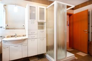 uma casa de banho com um lavatório e um chuveiro em Orchid room em Kranj