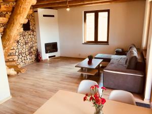 a living room with a couch and a table at Domki Eden z Ballią in Gołubie
