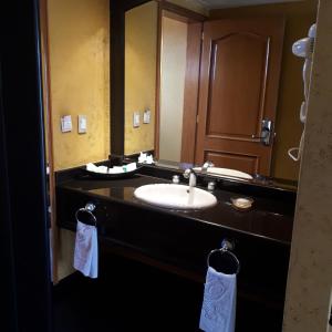 a bathroom with a sink and a large mirror at Villas Princess Hotel in Mexico City