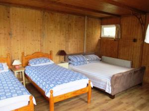 two beds in a room with wooden walls at House of Quartz in Goleen