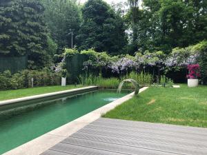 una piscina con una fuente en un jardín en Studio swimming pool BXL, en Dilbeek