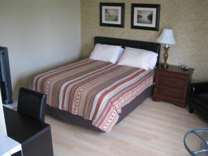 ein Schlafzimmer mit einem Bett und eine Kommode mit einer Lampe in der Unterkunft MacNeil's Motel in North Sydney