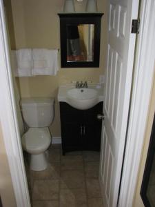 y baño con aseo, lavabo y espejo. en MacNeil's Motel en North Sydney