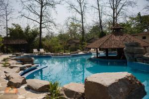 a swimming pool with a large blue pool at Sarang Wildlife Sanctuary in Meghauli