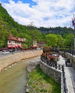 a river with a stone wall next to a building and trees at Ananiko in Borjomi