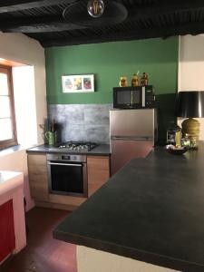 a kitchen with green walls and a stove top oven at Maison de village in Ortiporio