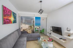 a living room with a gray couch and a television at Pallinio Fig Tree Bay Apartments in Protaras