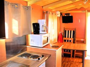 a small kitchen with a microwave and a stove at la Frégière Chalets in Clairvaux-dʼAveyron