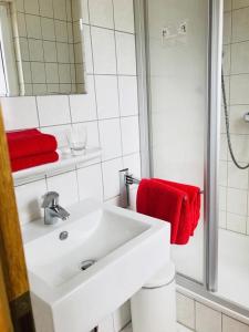 GrossbreitenbachにあるGästehaus hohetanne1のバスルーム(白いシンク、赤いタオル付)