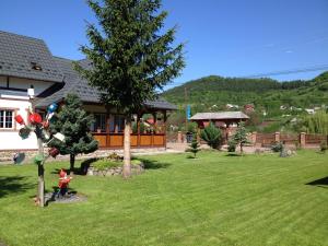 a person walking in a yard next to a house at Pensiunea Turlas Maria in Săliştea de Sus