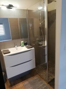uma casa de banho com um lavatório branco e um chuveiro em Hossegor Les Bécasses em Soorts-Hossegor