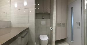 biała łazienka z toaletą i szklanymi drzwiami w obiekcie apartmán Poděbradka w Pilznie
