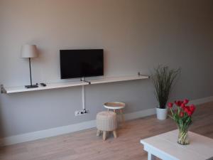 a living room with a tv and a vase of flowers at Residence Le Mistral in Noordwijk aan Zee