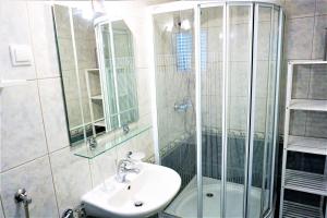 a bathroom with a glass shower and a sink at Apartment and Rooms Milak in Rab